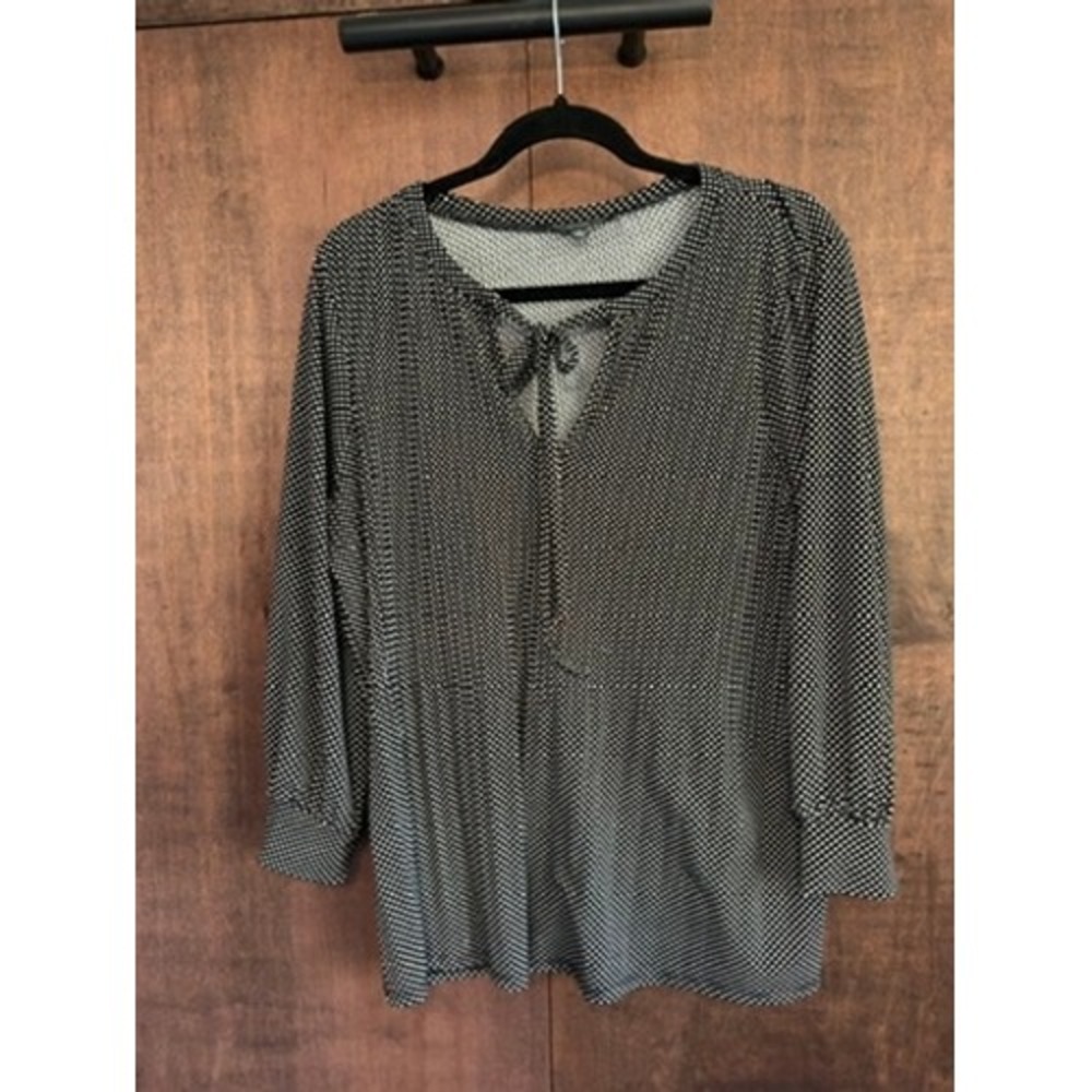 Adrianna Papell Womens Black White Polka Dot Tie Neck Long Sleeve Blouse Large